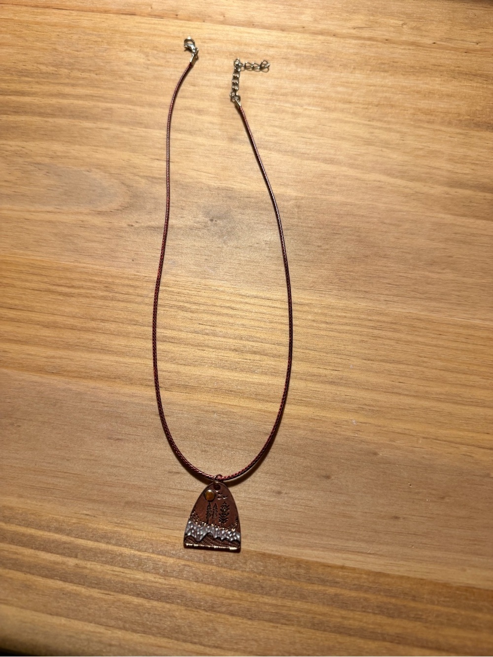 Leather-Look Brown Pendant Necklace with Mountain Detail